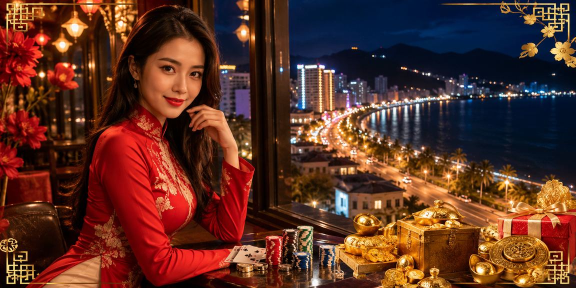 Người phụ nữ mặc áo dài tham gia trò chơi bài tại Nha Trang trong không gian giải trí